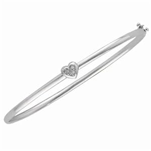 14Kt White Gold Romantic Heart Diamond Bangle Bracelet