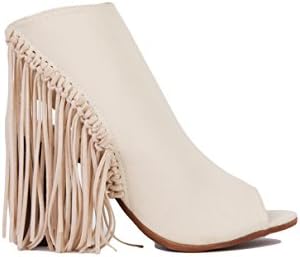 AKIRA Open Toe Beige Fringe Heeled Booties Size 7