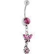 Antique Silver Floral Ivy Pink Gem Dangle Belly Ring