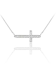 14k White Gold Diamond-Studded Sideways Cross Necklace