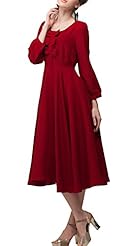 A-line Linen Empire   Waistline Long Sleeves Pleated Fitted  Scoop Neck  Dress With a Bow(s)