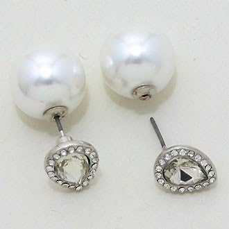 XSREEZ Double Sided Mise Pearl Bubble Fashion Pear Shape Rhinestone Stud Earrings Designer Celebrity Inspired Earrings Rhodium / White / Clear