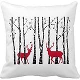 Red Christmas deers in birch tree forest Throw Pillowcases