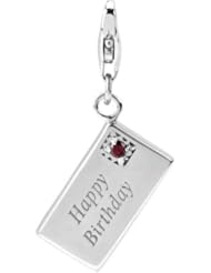 Sterling Silver Links Charm Happy Birthday Card with Garnet January Birthstone Lobster Clasp , Width 3/8 Inch, Length 1/1/2 Inch, Weight 3.8g, Fits Links Charm Bracelet