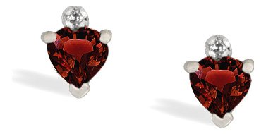 14K White Gold Genuine Heart Garnet and Diamond Earrings