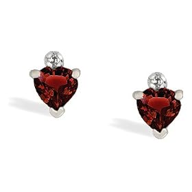14K White Gold Genuine Heart Garnet and Diamond Earrings by Jewels For Me