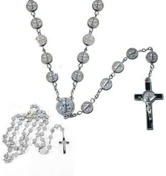 Catholic &amp; Religious Silver Tone Saint Bendedict Exorcism Medal, St. Benedict Rosary. Men or Womens Rosary, Silver Tone. 9mm Medal Bead, 24"l. Lay Catholics Are Not Permitted to Perform Exorcisms but They Can Use the Saint Benedict Medal, Holy Water, the Crucifix, and Other Sacramentals to Ward Off Evil. Catholic Saint Benedict Patron Saint of Kidney Disease, Poison Sufferers, Students, Poisoning, School Children, Homeless, Monks.