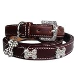 Luxe Bone 157 Swarovski crystals jewelled Leather Dog Collar - Chocolate /Medium (12-16)