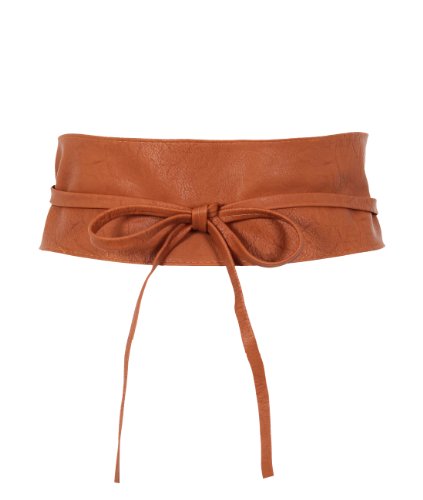 KRISP Womens Soft Faux Leather Self Tie Wrap Around Obi Waist Band Cinch Belt (TAN)
