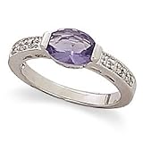 Rhodium Plated Ring With Oval Tanzanite and Clear Cz Band Silver Ring. Sizes 6-10