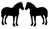 Two opposing silhouettes of a CLYDESDALE, a breed of DRAFT HORSE vinyl decal available in two sizes and many colors