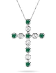 0.10 Cts Diamond & 0.18 Cts Natural Emerald Bubble Cross Pendant in 14K White Gold