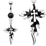 Belly Navel Black CZ Flaming Cross Gothic