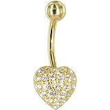 Solid 14KT Yellow Gold Cubic Zirconia Paved HEART Belly Ring