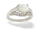 14K White Gold Genuine Oval Opal and Diamond Antique Style Ring