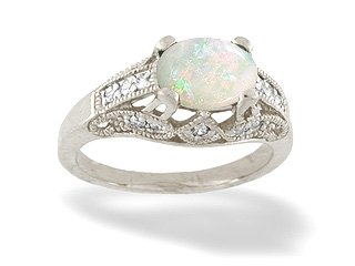 Childrens Toyshop  Jewelry : 14K White Gold Genuine Oval Opal and Diamond Antique Style Ring