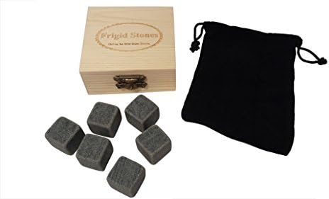 Frigid Stones 6 Soapstone Whiskey Stones Chilling Rocks with Wooden Box and Velvet Pouch