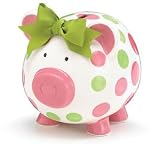 Pink and Green Polka dot Piggy Bank With Bow Adorable Nursery Decor And Gift