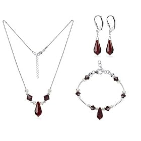 SCST085-16 .925 Sterling Silver Garnet Crystals Bracelet Earrings Necklace Set MADE WITH SWAROVSKI ELEMENTS 16" 18" 20" 22" 24" Long: Jewelry