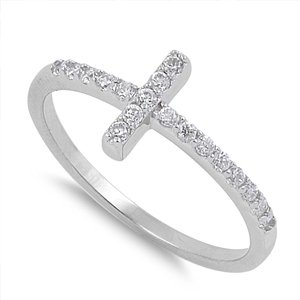 Christian Sideway Cross Cubic Zirconia Ring Sterling Silver 925