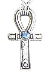 Silver-Tone Pewter Egyptian Ankh with Blue Crystal Pendant Necklace