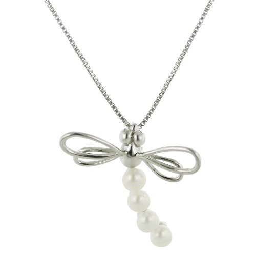 White Freshwater Cultured Pearl Dragonfly Pendant with Sterling Silver Clasp (4-4.5mm), 18