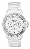 Fossil Women's CE1010 White Ceramic Bracelet White Glitz Analog Dial Multifunction Watch