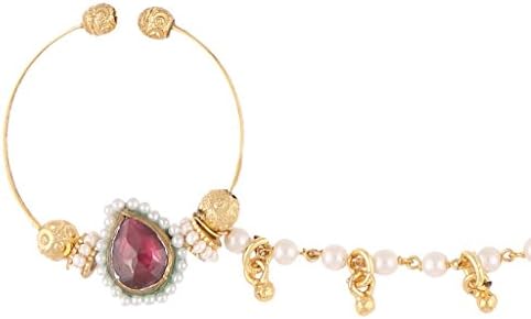 Sri Shringarr Women's Gold Finish With Rhodolite Kundan And Pearl Nose Ring