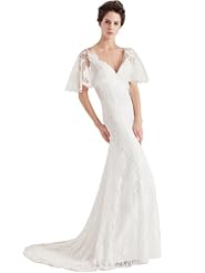 V-neck Elbow Length Sleeves Sheath Fitted Lace  Dress