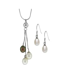 Sterling Silver Triple Genuine Freshwater Pearl Pendant and Earring Set 18"