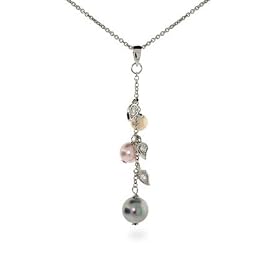Peach Pink & Black Pearl Vine Dangle Necklace by Black Pearl Jewelry