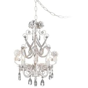 White Floral With Crystal Accents Plug-In Swag Chandelier