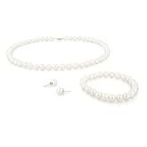 3-Piece Set: White Freshwater Cultured Pearl Necklace with Sterling Silver Clasp, Stretch Bracelet and...