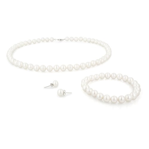 White Freshwater Cultured Pearl Necklace Stretch Bracelet and Stud Earrings 3-Piece Set with Sterling Silver (8-8.5mm)