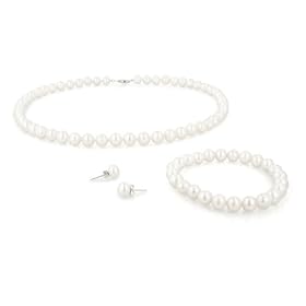 White Freshwater Cultured Pearl Necklace Stretch Bracelet and Stud Earrings 3-Piece Set with Sterling Silver (8-8.5mm)