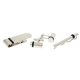 Stainless steel cufflinks, tie slide and money clip with black rubber accent by