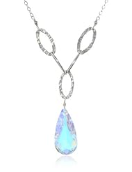 Swarovski Elements Faceted Crystal Aurora Borealis Flat Teardrop Shaped Sterling Silver Oval Cable Chain Pendant Necklace, 18"