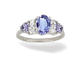 14K White Gold Genuine Oval Tanzanite and Diamond 3-Stone Ring