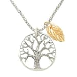 Tree of Life Pendant in Sterling Silver with a Gold Vermeil Leaf and Beads of Peridot on an 18" Rhodium Popcorn Chain, #7889