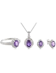 Sterling Silver Oval Amethyst Ring, Pendant Necklace and Earrings Diamond Box Set