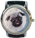 Pug dog watch classic size 1.1/4 inch dial. Gold tone case Black leather band.