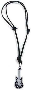 A-TT-121 Unisex Vintage Alloy Guitar Pendant with Black Stones Long Necklace Length Adjustable Genuine Leather Cord