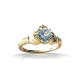 14K Yellow Gold Genuine Heart Aquamarine and Diamond Celtic Claddagh Ring