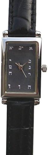 Hebrew Numbers Watch Has Small Chrome Retro Case Design with Croc Design Black Leather Strap