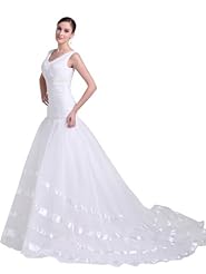 V-neck Organza Sleeveless Spring Fall Lace-Up Applique Wrap Beaded Ruched Mermaid Wedding Dress  with a Court Train 