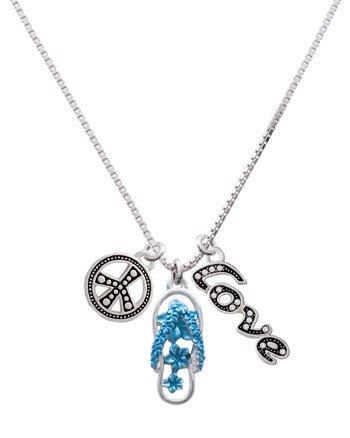 Pearl Blue Open Plumeria Flower Flip Flop, Peace, Love Charm Necklace [Jewelry]