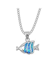 Rhodium Plated Sterling Silver Necklace Blue Opal Fish 18"~20" Necklaces
