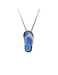CZ Accented Sterling Silver Flip Flop Necklace Pendant with Blue Opal and Box Chain