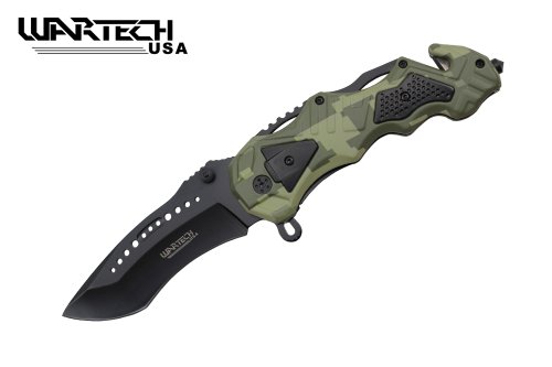 Wartech Tactical Spring Assisted Rescue Knife, Green Camoflage Wartech Tactical Spring Assisted Rescue Knife, Green Camoflage