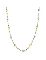 Sterling Silver 36" Necklace with 3-5mm White Freshwater Pearls and Citrine Yellow Gemstones